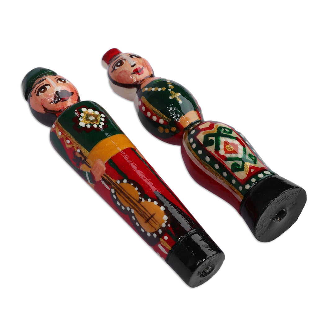 Folk Art Set of 2 Music-Themed Taraz Wood Magnets in Green - Melodic Commitment