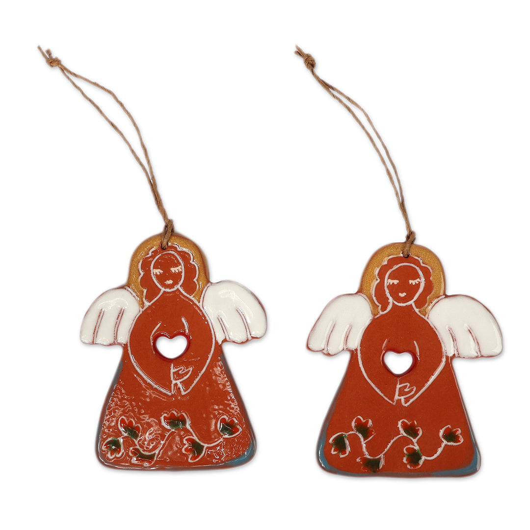 Artisan-Crafted Angel-Themed Ceramic Ornament Pair in Brown - Celestial Evening