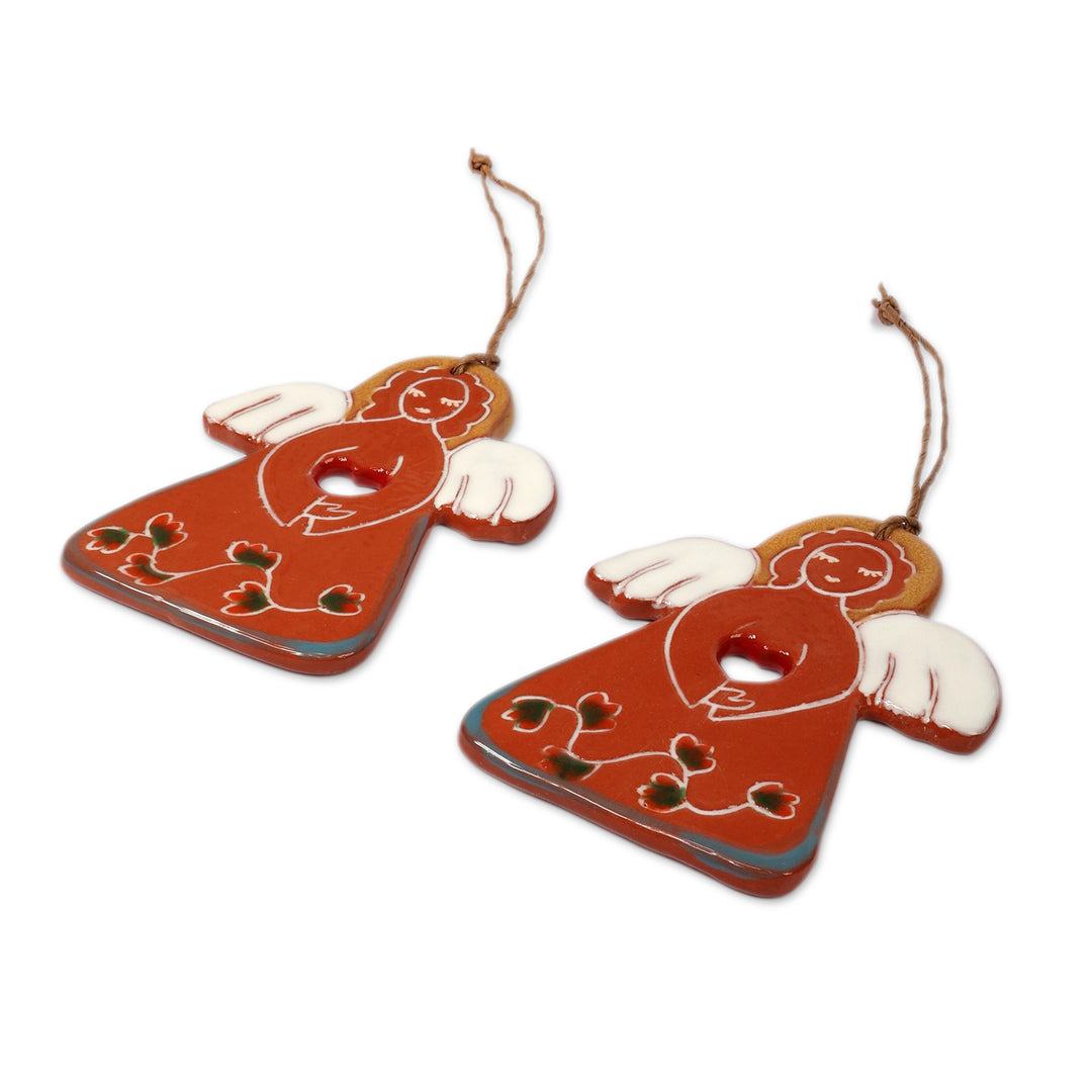 Artisan-Crafted Angel-Themed Ceramic Ornament Pair in Brown - Celestial Evening