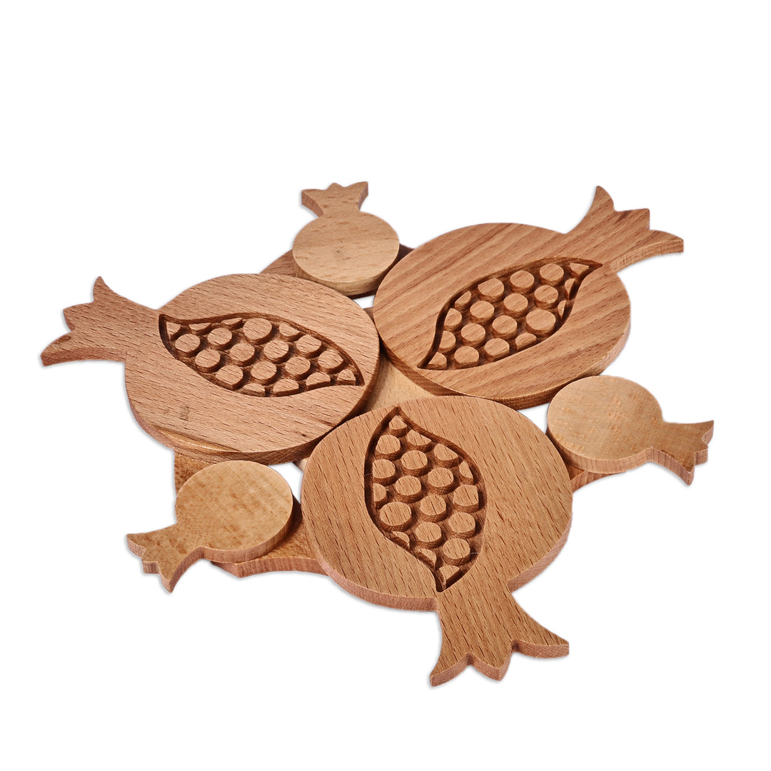 Pomegranate-Shaped Hand-Carved Beechwood Trivet - Pomegranate Sensations