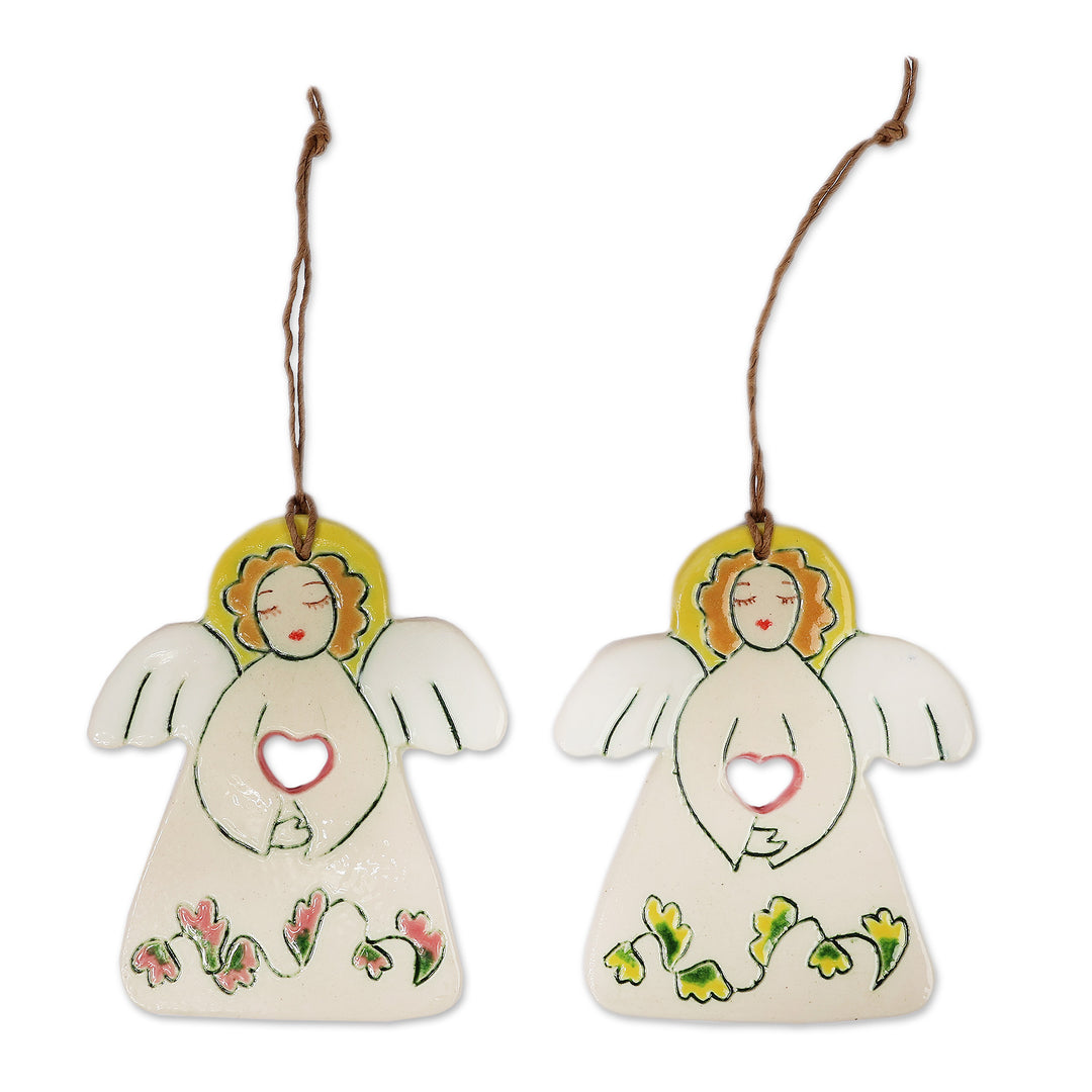 Armenian-Made Angel-Themed Ceramic Ornament Pair in Ivory - Celestial Dawn