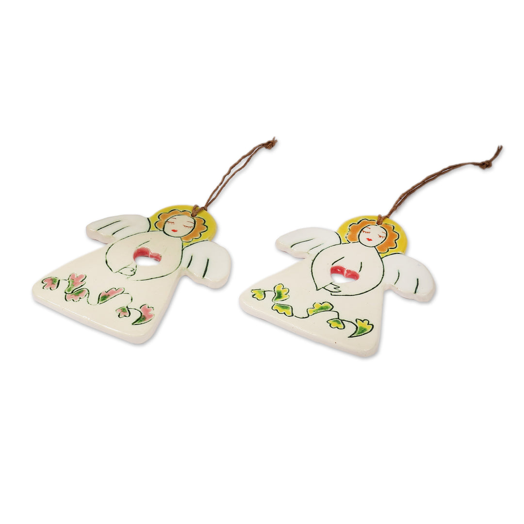 Armenian-Made Angel-Themed Ceramic Ornament Pair in Ivory - Celestial Dawn