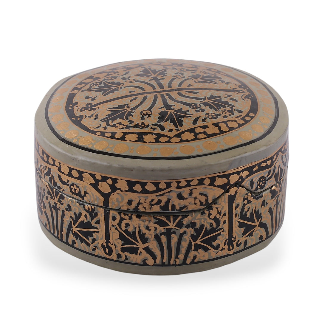 Leaf-Themed Round Papier Mache and Wood Decorative Box - Kashmir Spectacle