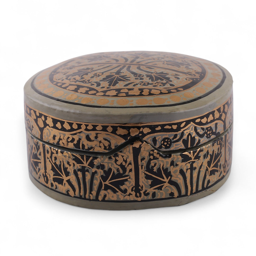 Leaf-Themed Round Papier Mache and Wood Decorative Box - Kashmir Spectacle