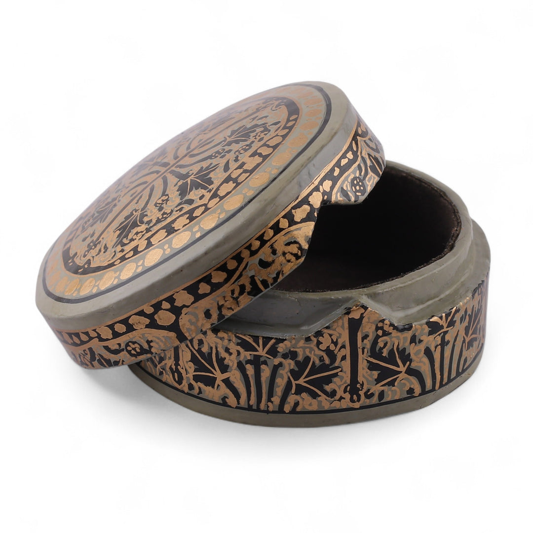 Leaf-Themed Round Papier Mache and Wood Decorative Box - Kashmir Spectacle