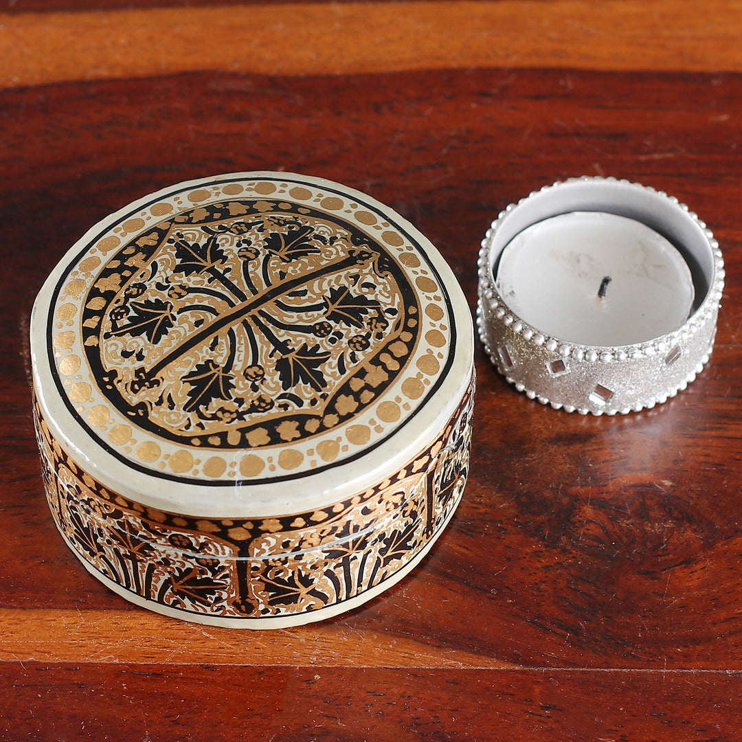 Leaf-Themed Round Papier Mache and Wood Decorative Box - Kashmir Spectacle