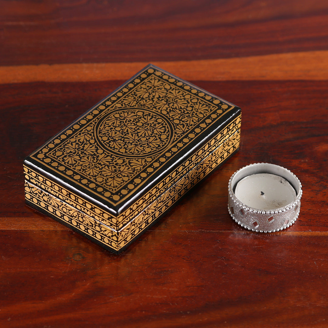 Blue Gold Papier Mache Wood Decorative Box with Floral Theme - Valley Splendor