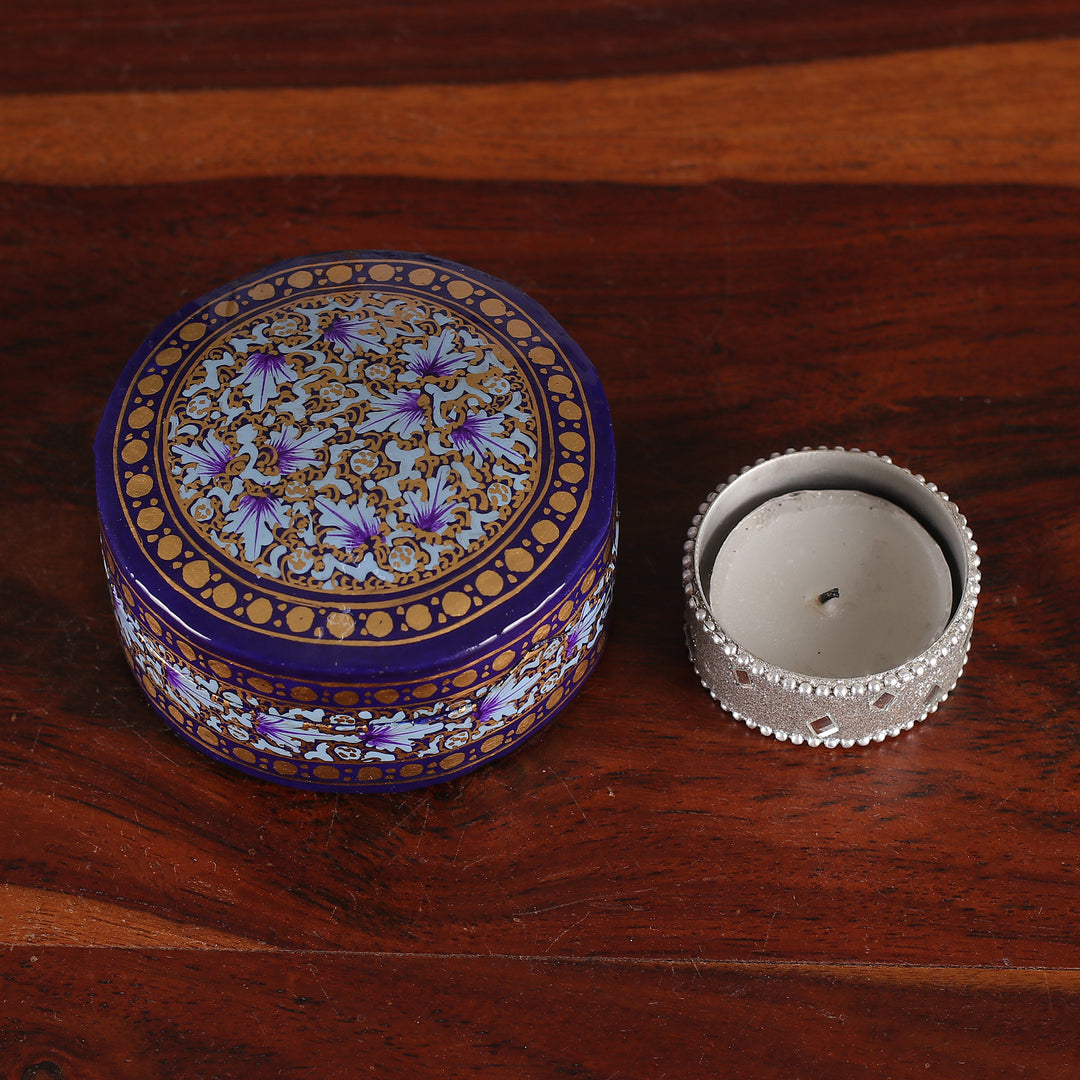 Floral Round Blue Gold-Hued Papier Mache Wood Decorative Box - Valley Whispers