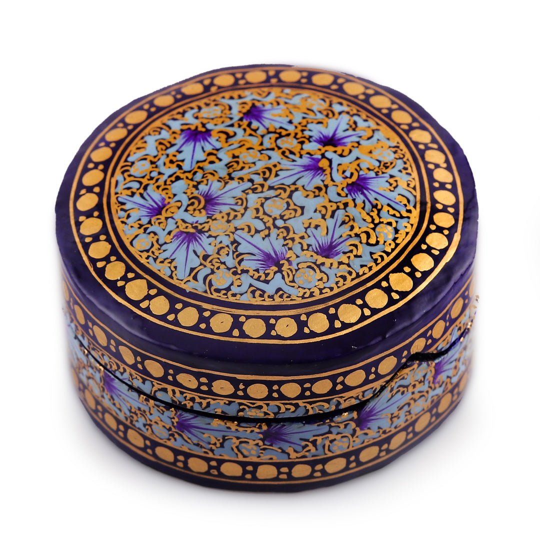 Floral Round Blue Gold-Hued Papier Mache Wood Decorative Box - Valley Whispers
