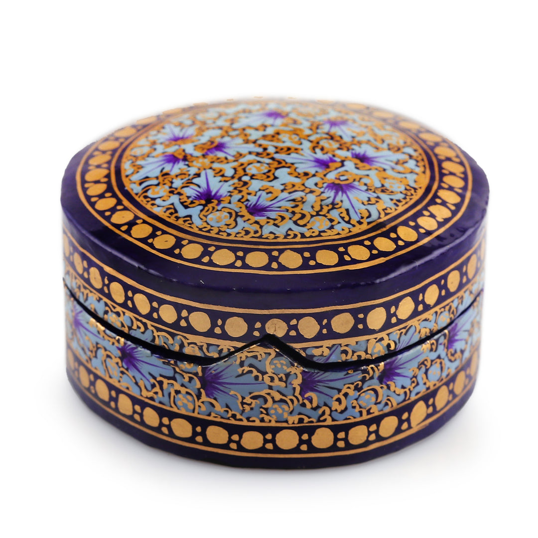 Floral Round Blue Gold-Hued Papier Mache Wood Decorative Box - Valley Whispers