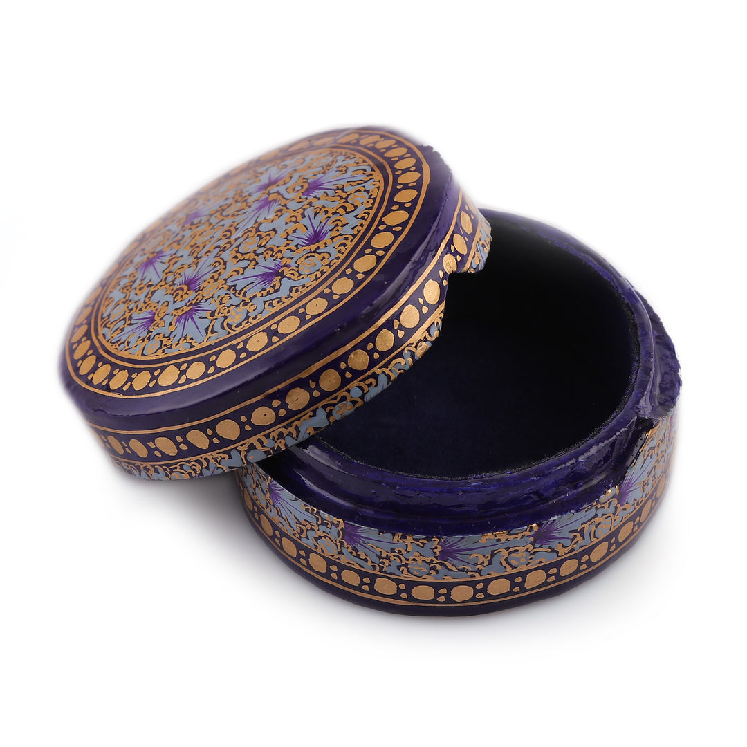 Floral Round Blue Gold-Hued Papier Mache Wood Decorative Box - Valley Whispers