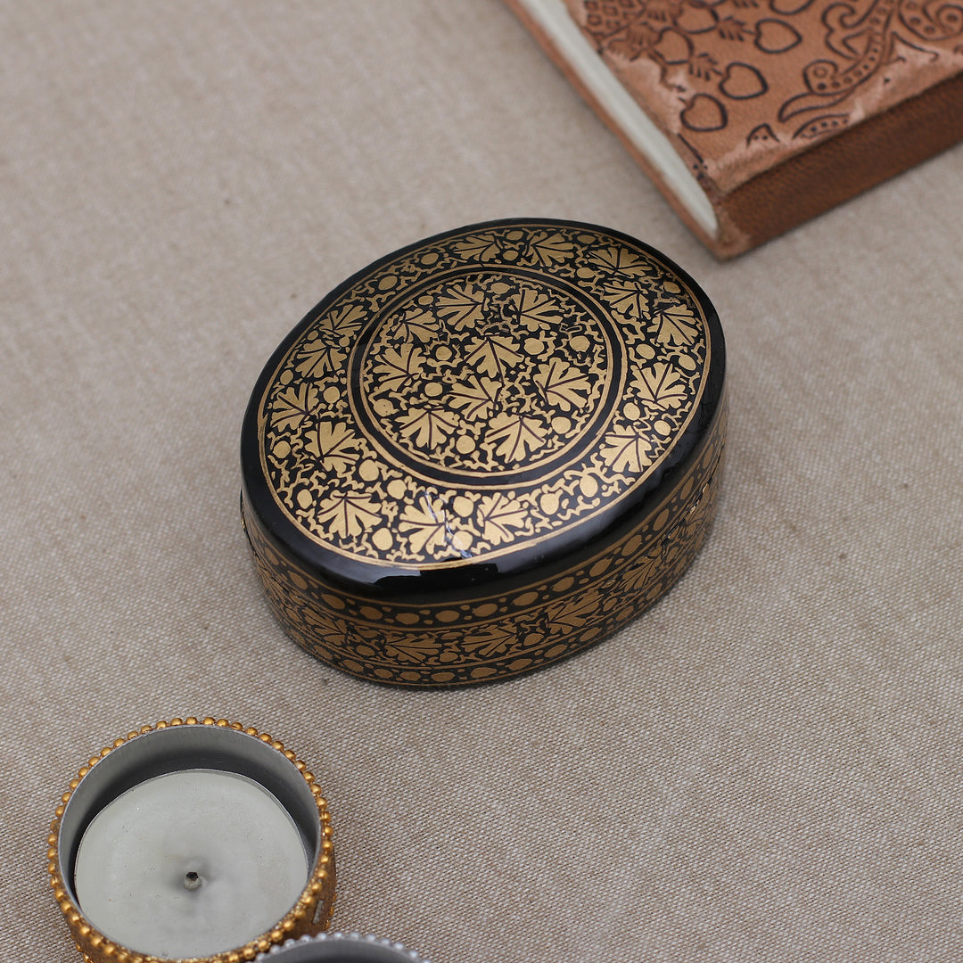 Hand-Painted Leaf-Patterned Papier Mache Wood Decorative Box - Nighttime Vine