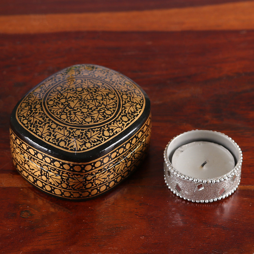 Black Gold Painted Papier Mache and Wood Leaf Decorative Box - Midnight Vine