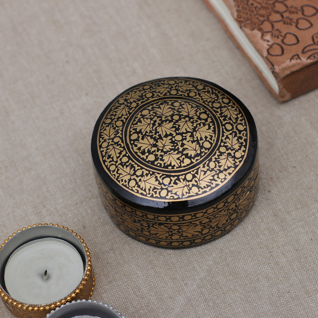 Leaf-Themed Black Golden Papier Mache Wood Decorative Box - Nocturnal Vine