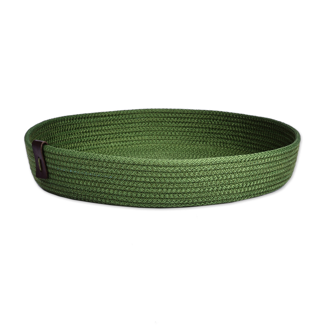 Handcrafted Green Cotton Rope Tray with Leather Accent - Stylish Organizer