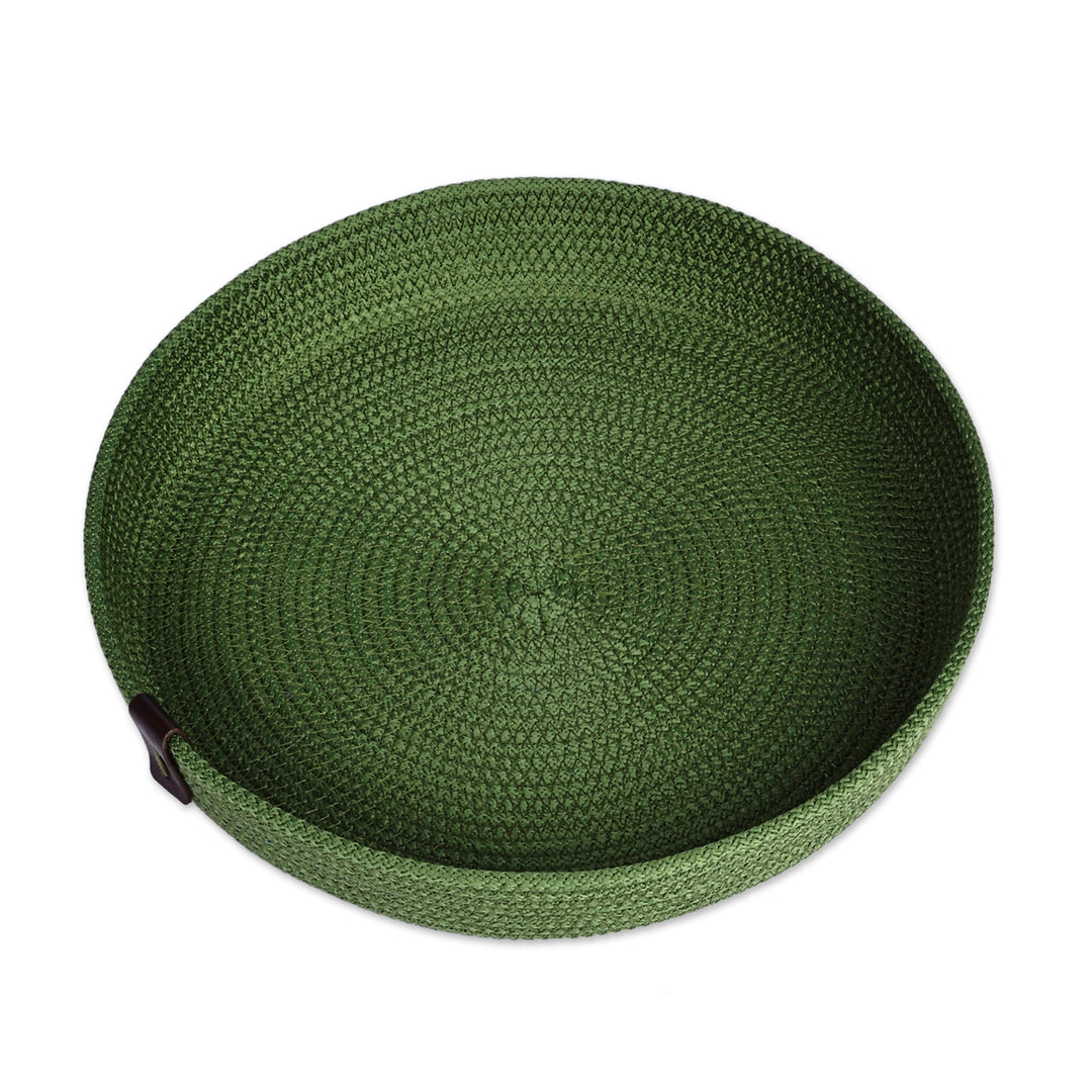 Handcrafted Green Cotton Rope Tray with Leather Accent - Stylish Organizer