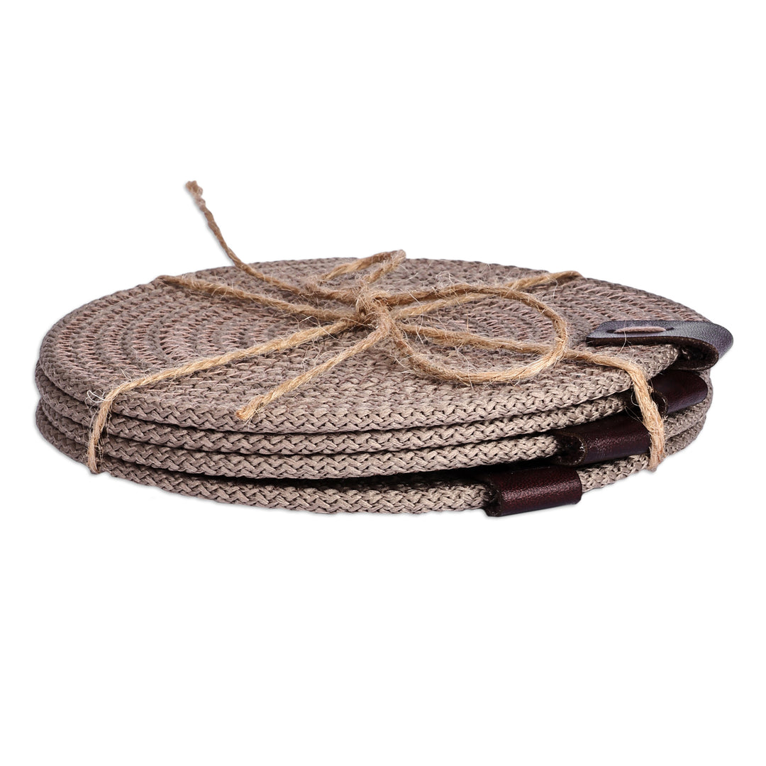 Set of 4 Brown Cotton Rope Coasters with Leather Accents - Latte Zigzag