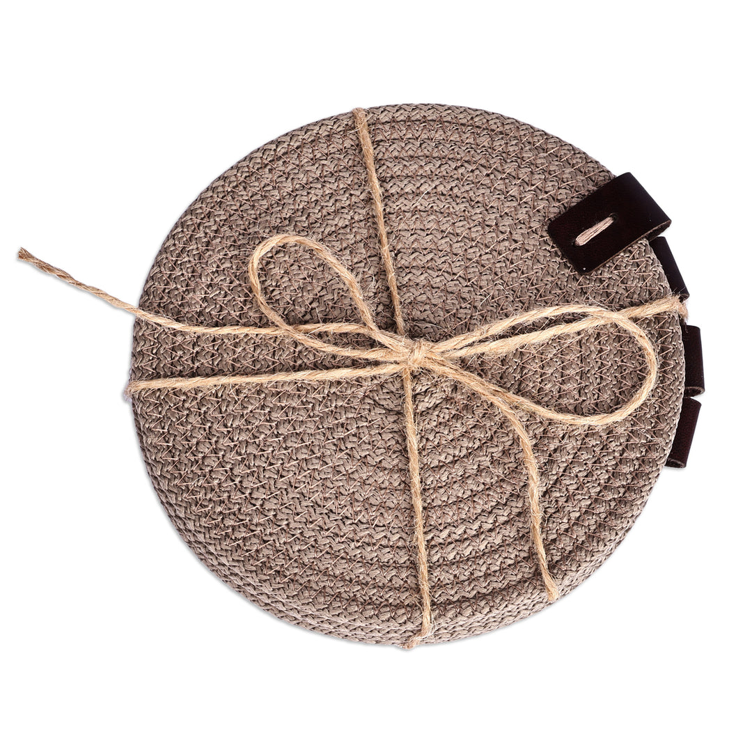 Set of 4 Brown Cotton Rope Coasters with Leather Accents - Latte Zigzag