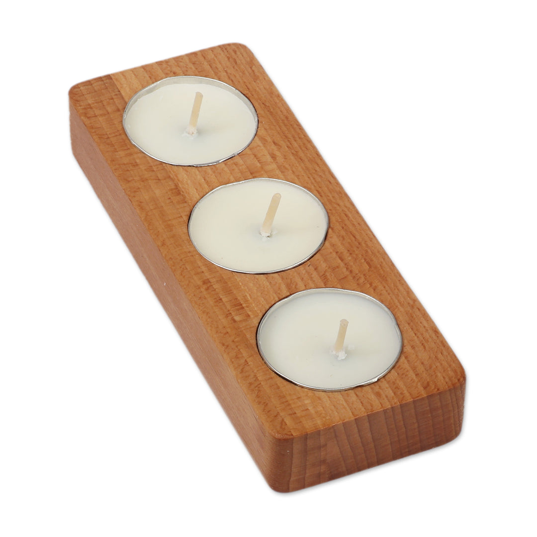 Modern Carved Beech Wood Tealight Candleholder from Armenia - Triple Flames