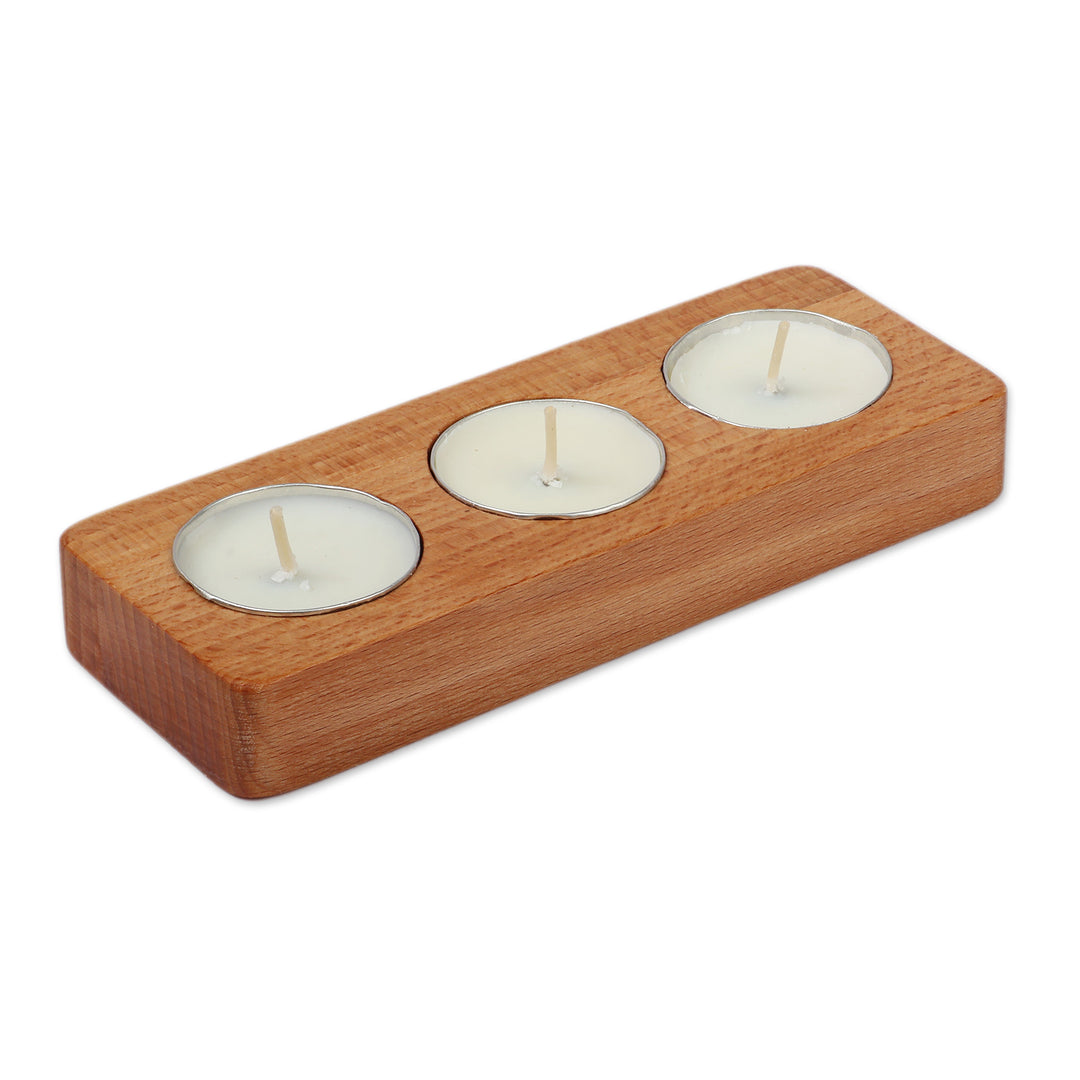 Modern Carved Beech Wood Tealight Candleholder from Armenia - Triple Flames