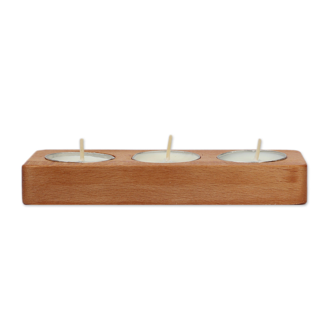Modern Carved Beech Wood Tealight Candleholder from Armenia - Triple Flames