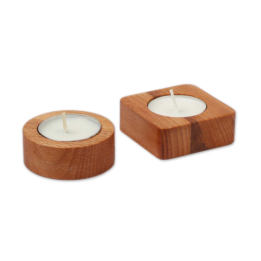 Set of 2 Minimalist Beechwood Tealight Candleholders - Geometric Harmony