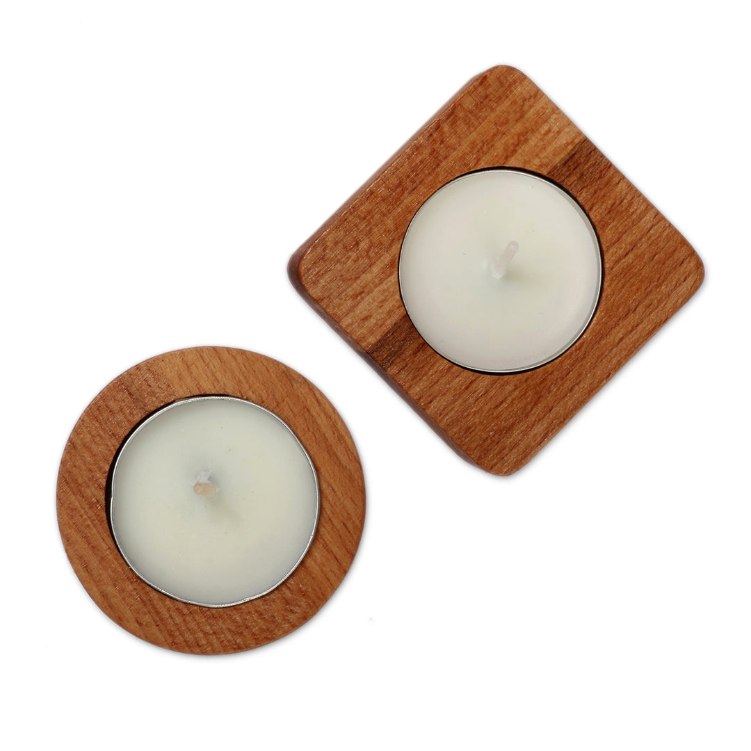 Set of 2 Minimalist Beechwood Tealight Candleholders - Geometric Harmony