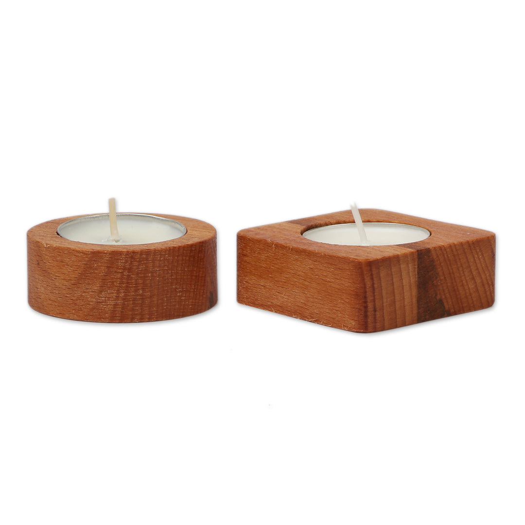 Set of 2 Minimalist Beechwood Tealight Candleholders - Geometric Harmony