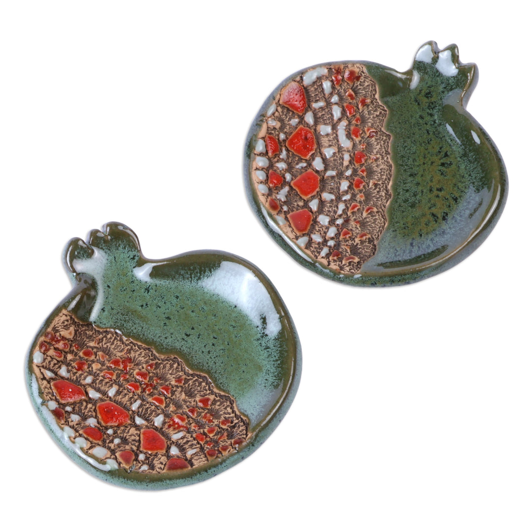 Pair of Glazed Green and Red Ceramic Pomegranate Catchalls - Omens from the Forest