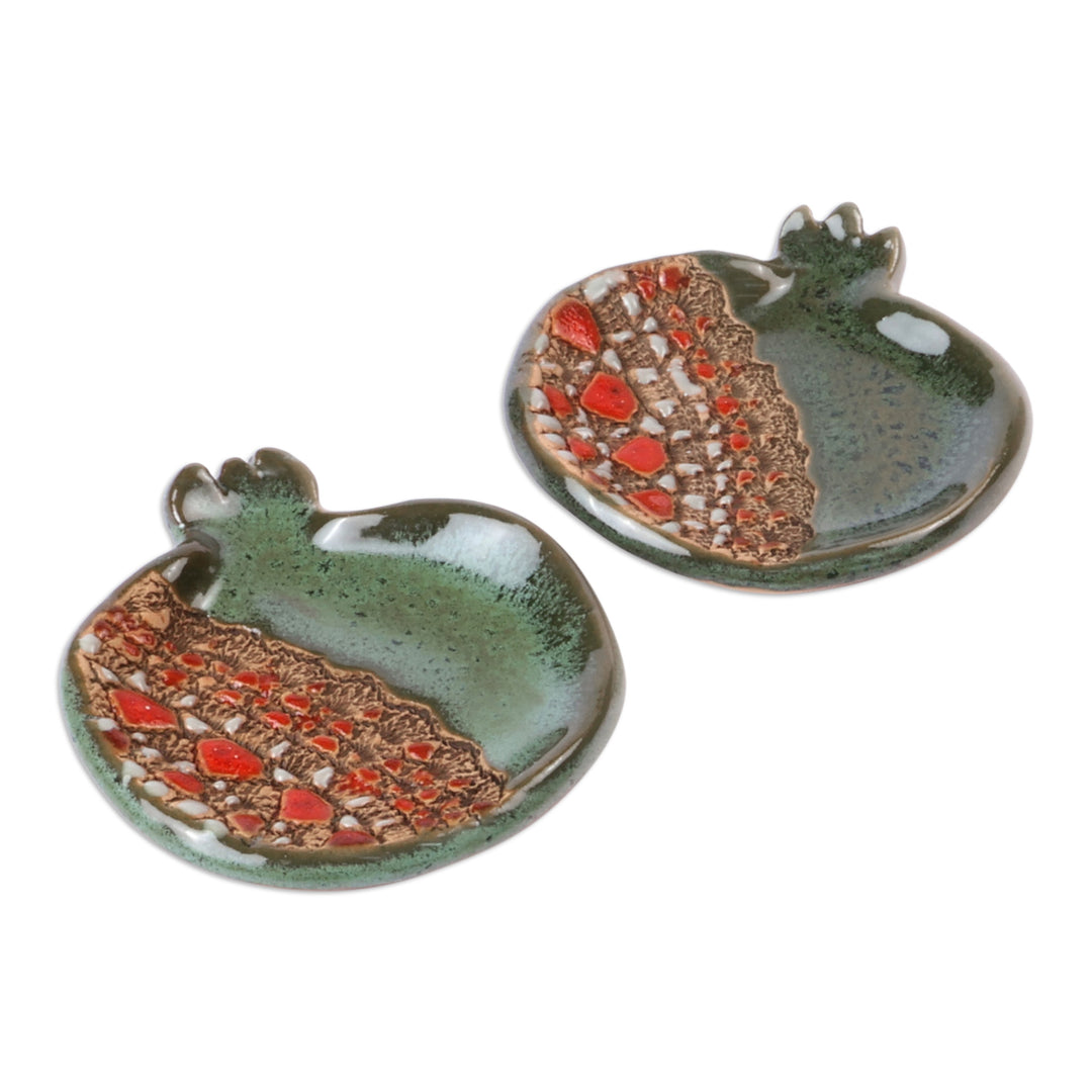 Pair of Glazed Green and Red Ceramic Pomegranate Catchalls - Omens from the Forest