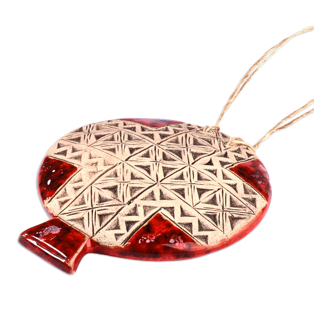 Geometric-Patterned Red Ceramic Pomegranate Home Accent - Passion Red