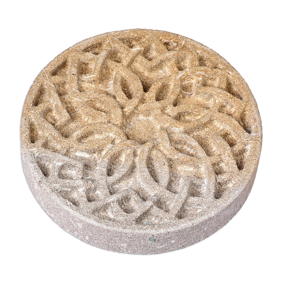 Hand-Carved Floral Round Felsite Stone Magnet - Blossoming Bonds