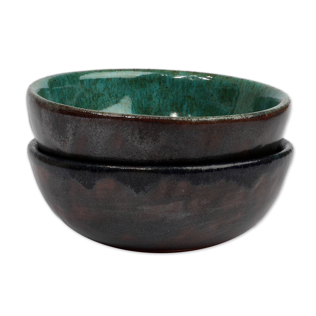 Handmade 2-Piece Glazed Blue and Turquoise Ceramic Bowl Set - Refreshing Customs