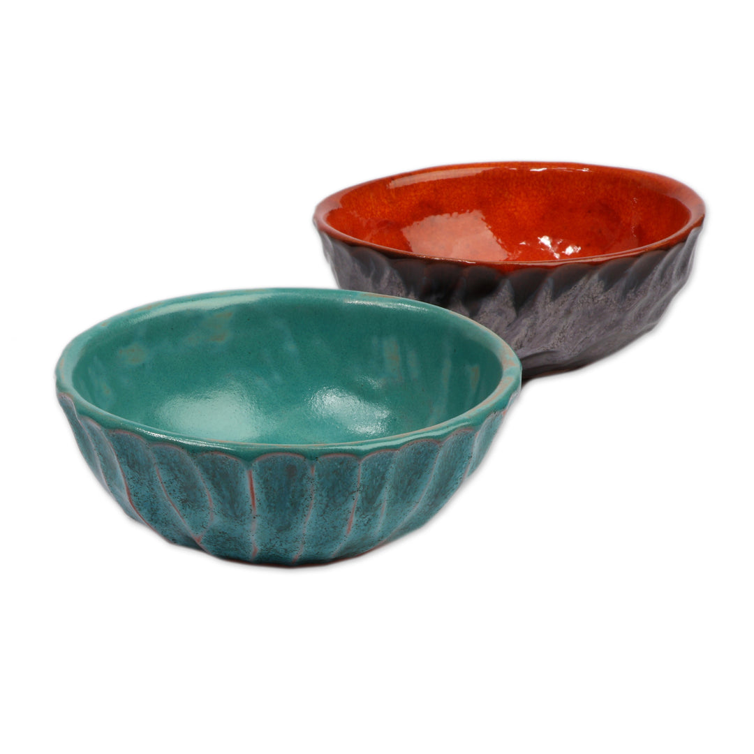 2-Piece Glazed Orange and Turquoise Hue Ceramic Bowl Set - Regal Autumn