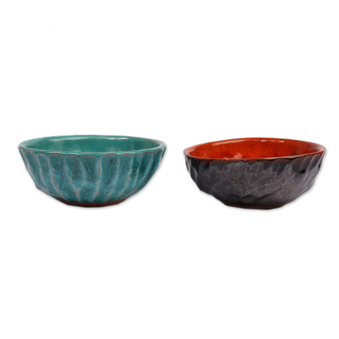 2-Piece Glazed Orange and Turquoise Hue Ceramic Bowl Set - Regal Autumn