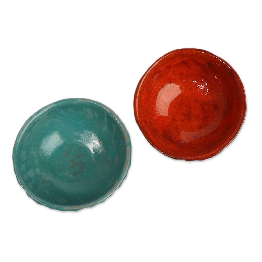 2-Piece Glazed Orange and Turquoise Hue Ceramic Bowl Set - Regal Autumn