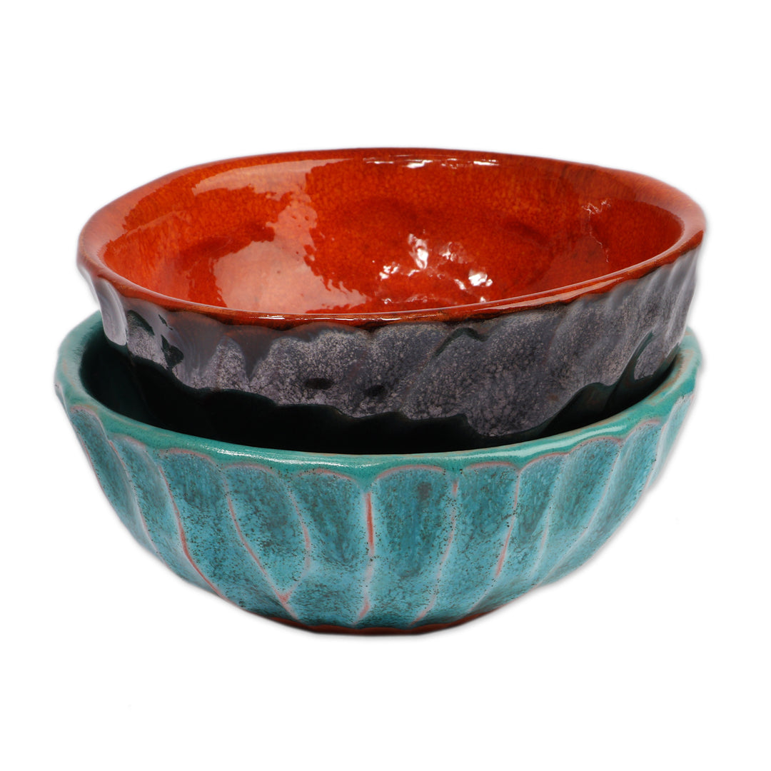 2-Piece Glazed Orange and Turquoise Hue Ceramic Bowl Set - Regal Autumn