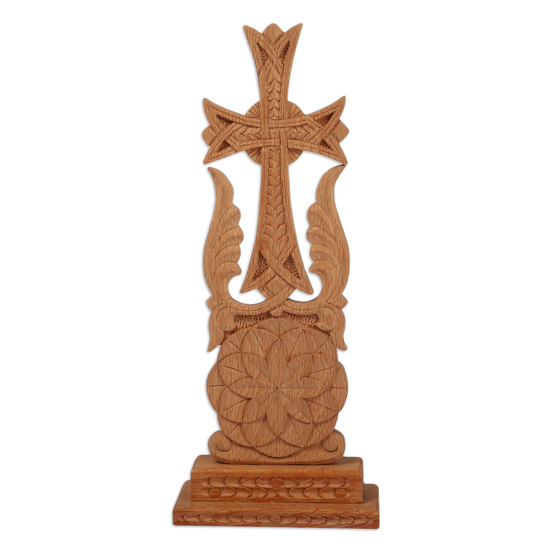 Floral Hand-Carved Walnut Wood Cross Sculpture from Armenia - Bloom of Faith
