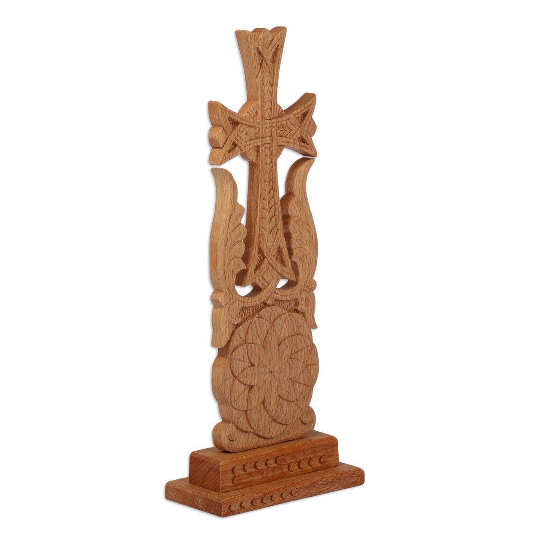 Floral Hand-Carved Walnut Wood Cross Sculpture from Armenia - Bloom of Faith