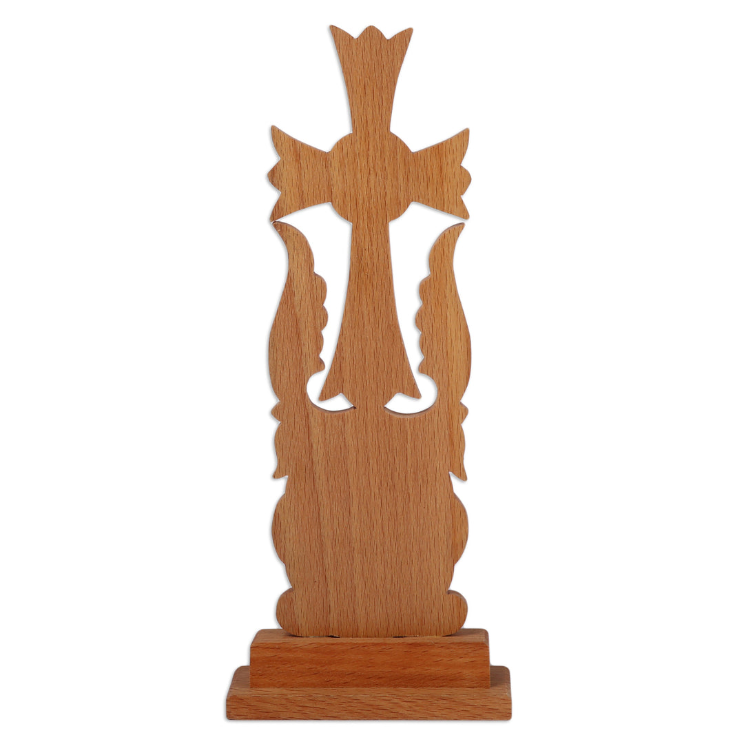 Floral Hand-Carved Walnut Wood Cross Sculpture from Armenia - Bloom of Faith
