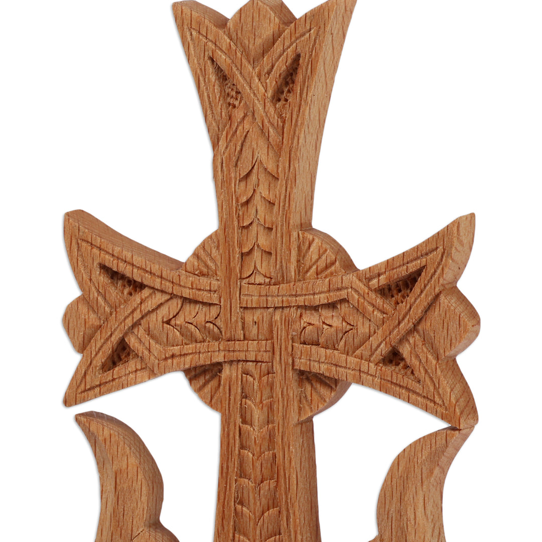 Floral Hand-Carved Walnut Wood Cross Sculpture from Armenia - Bloom of Faith