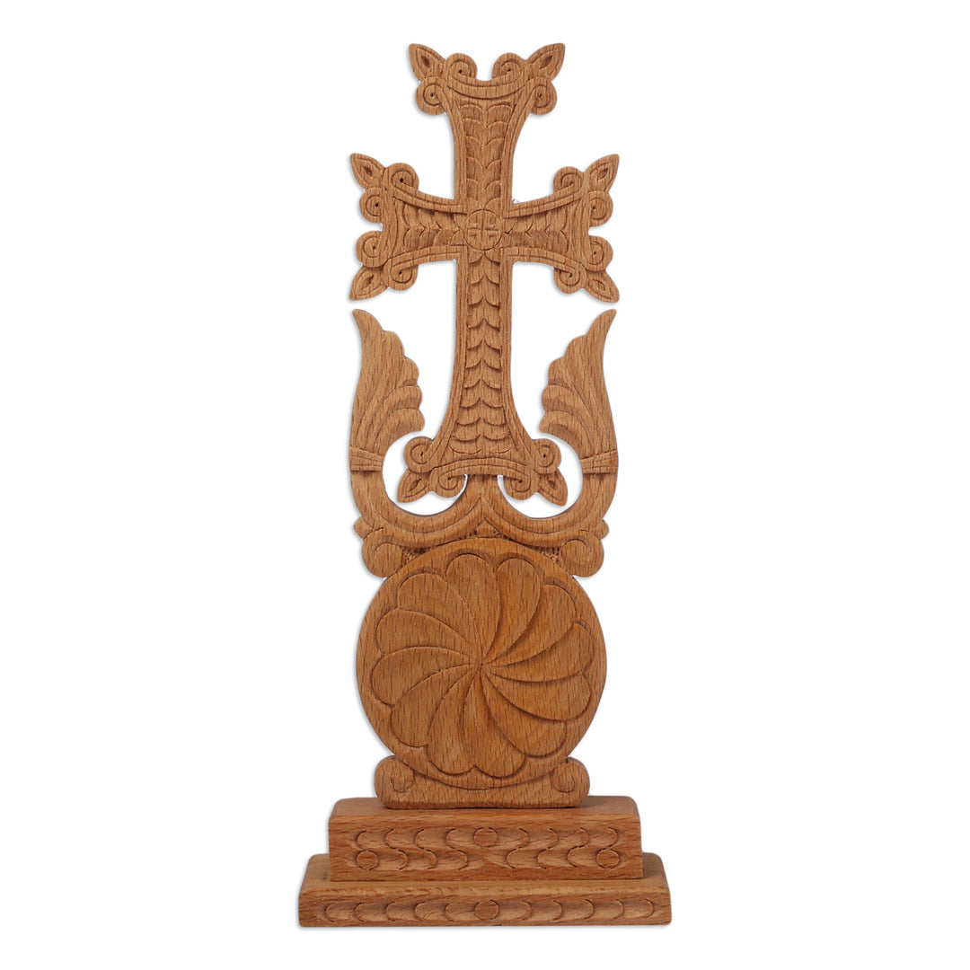 Hand-Carved Traditional Walnut Wood Khachkar Cross Sculpture - Immortal Faith