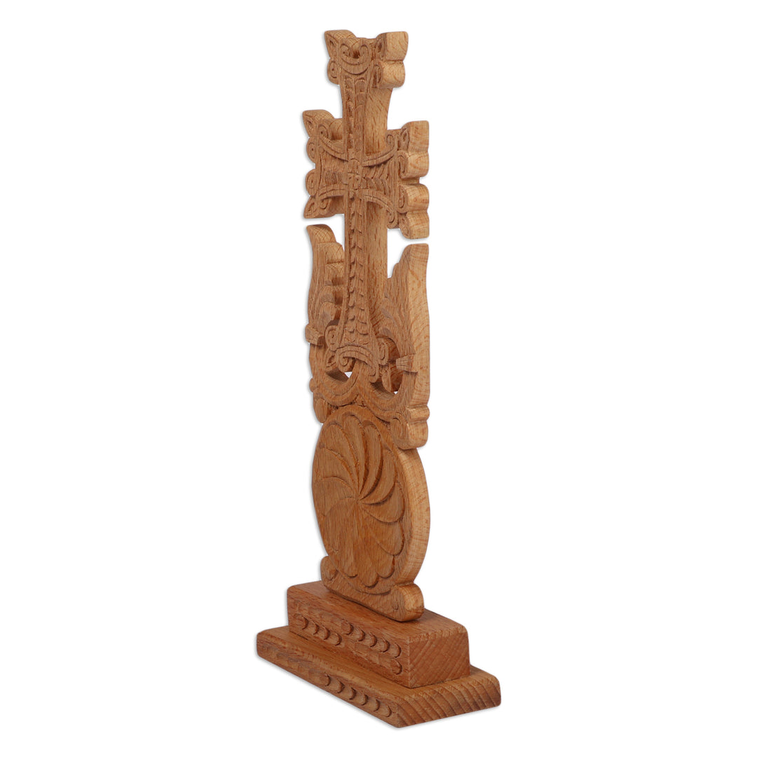 Hand-Carved Traditional Walnut Wood Khachkar Cross Sculpture - Immortal Faith