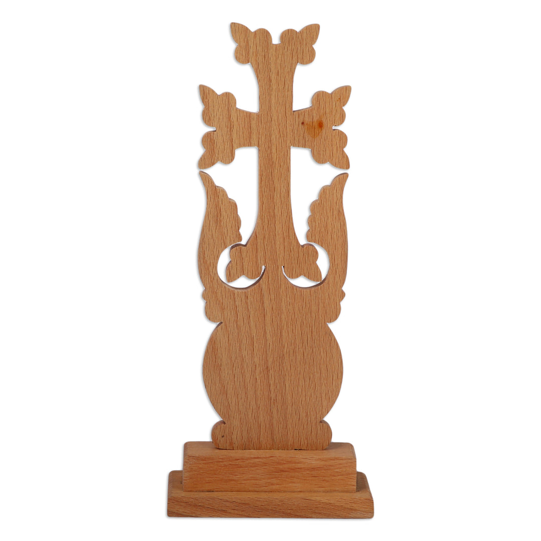 Hand-Carved Traditional Walnut Wood Khachkar Cross Sculpture - Immortal Faith