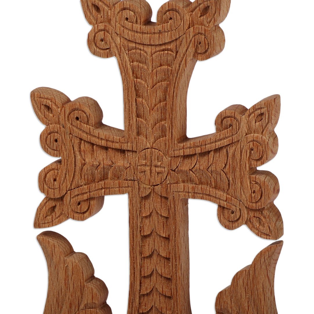 Hand-Carved Traditional Walnut Wood Khachkar Cross Sculpture - Immortal Faith
