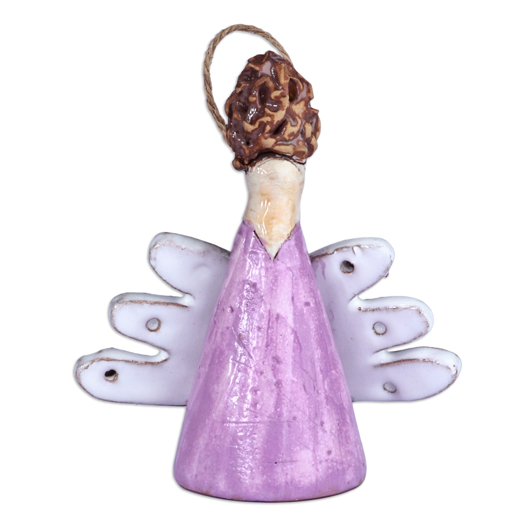 Painted Angel-Themed Purple Glazed Ceramic Bell Ornament - Purple Angelic Melodies