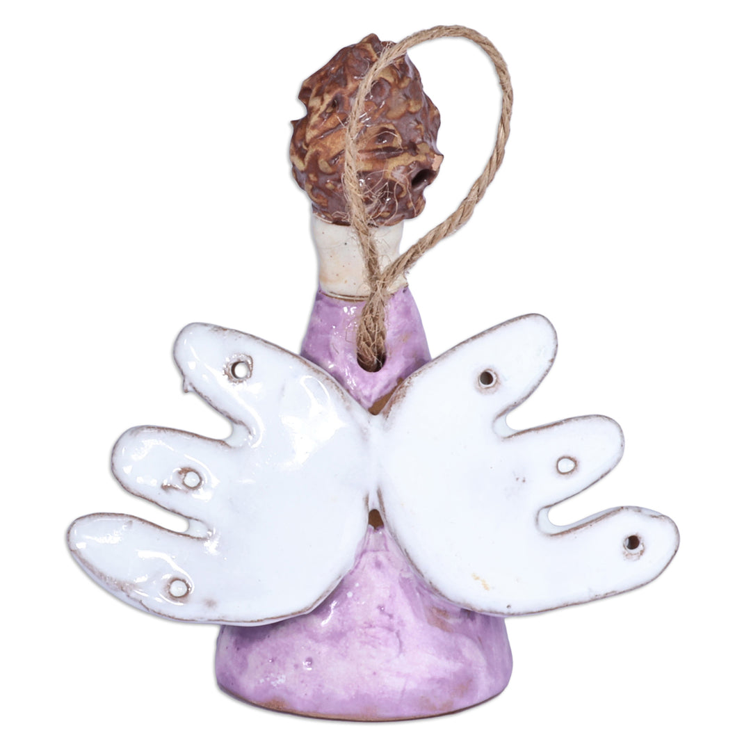 Painted Angel-Themed Purple Glazed Ceramic Bell Ornament - Purple Angelic Melodies