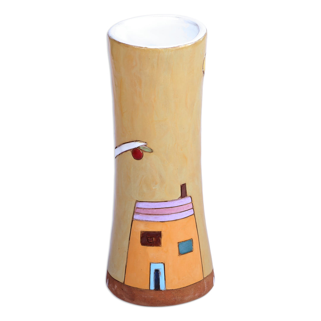 Hand-Painted Glazed Ceramic Vase with Pomegranate Tree Motif - Pomegranate Tree