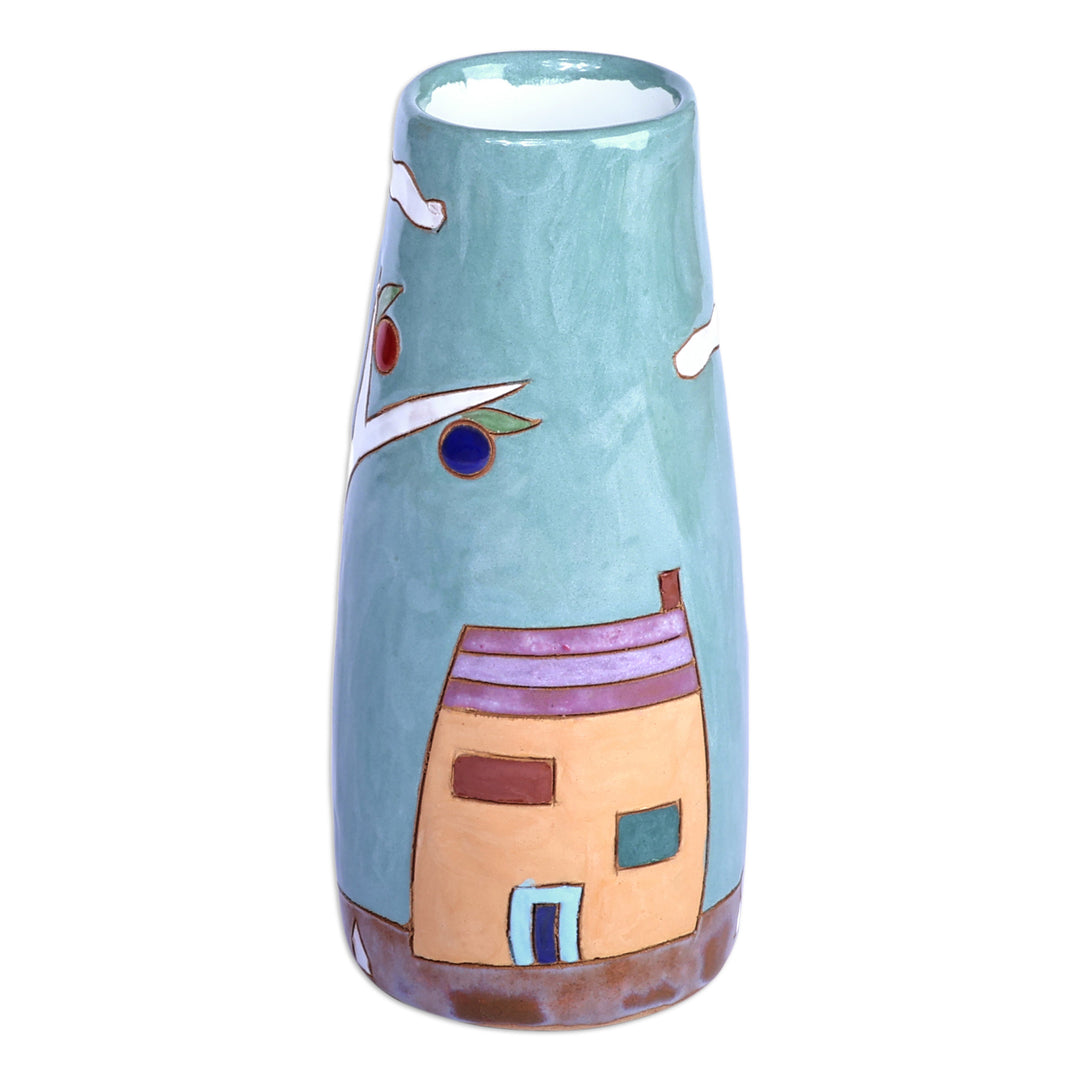 Glazed Ceramic Vase with Pomegranate Tree Motif in Teal - Pomegranate Tree in Teal