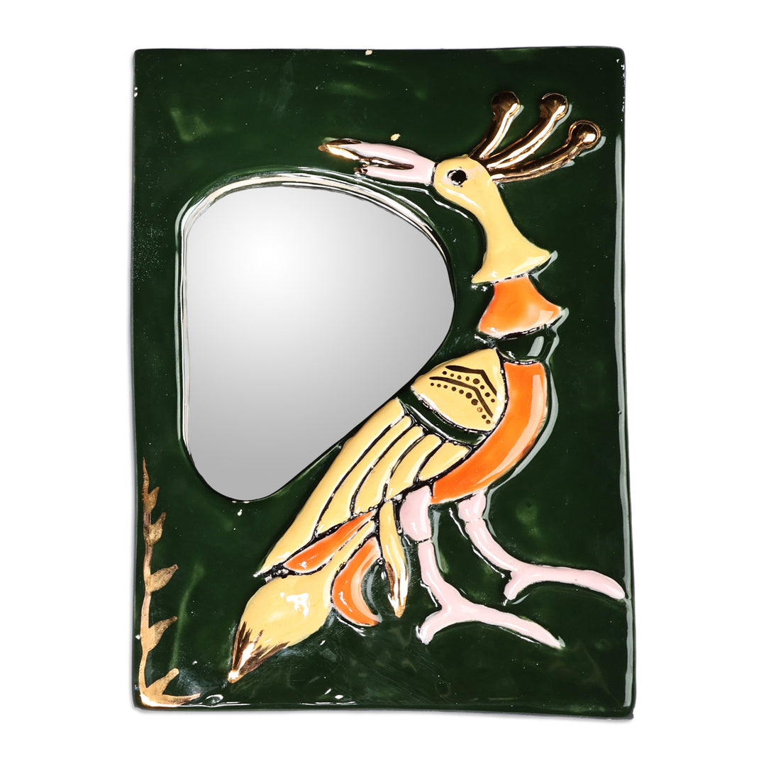 Painted Bird-Themed Dark Green Ceramic Wall Accent Mirror - Reflection Feathers in Green